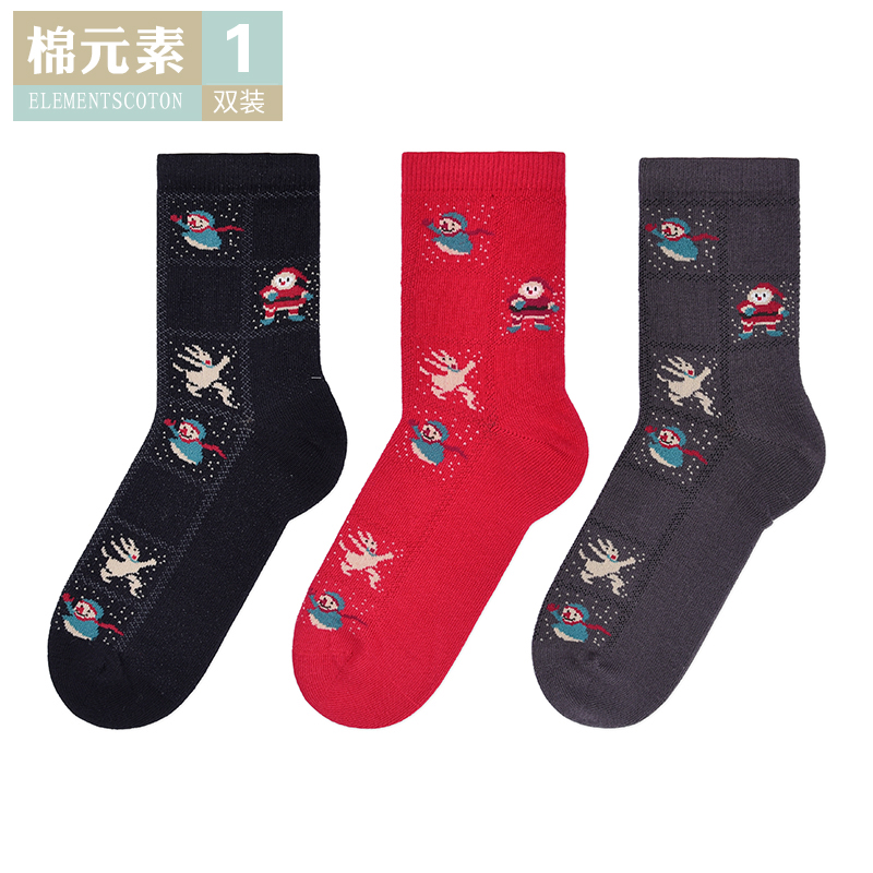 棉元素女袜子秋冬季舒适棉质中筒袜可爱女生圣诞卡通提花袜T20179