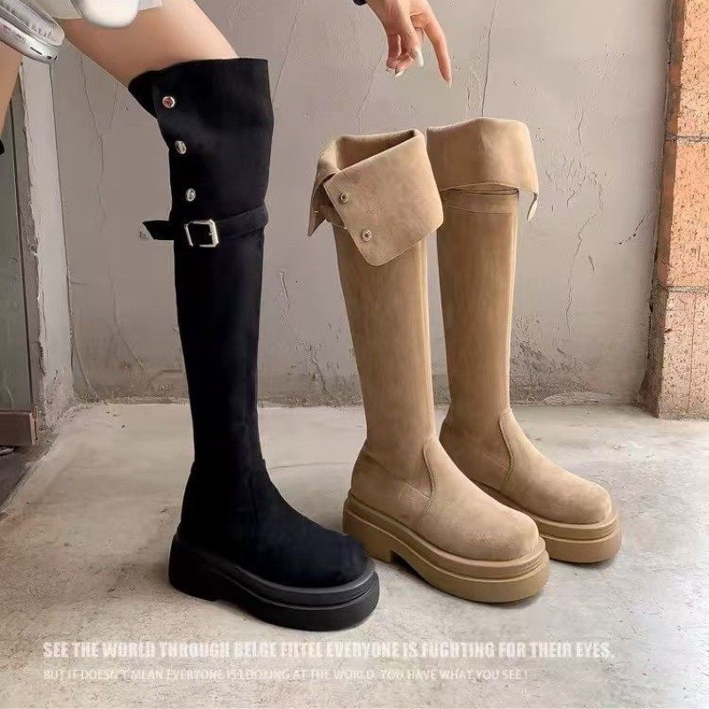 香港潮牌两穿翻折厚底长筒靴子女2025秋冬季新款粗跟时尚百搭过膝,女鞋,骑士靴,淘宝优惠券,粉丝福利购,淘宝优惠卷