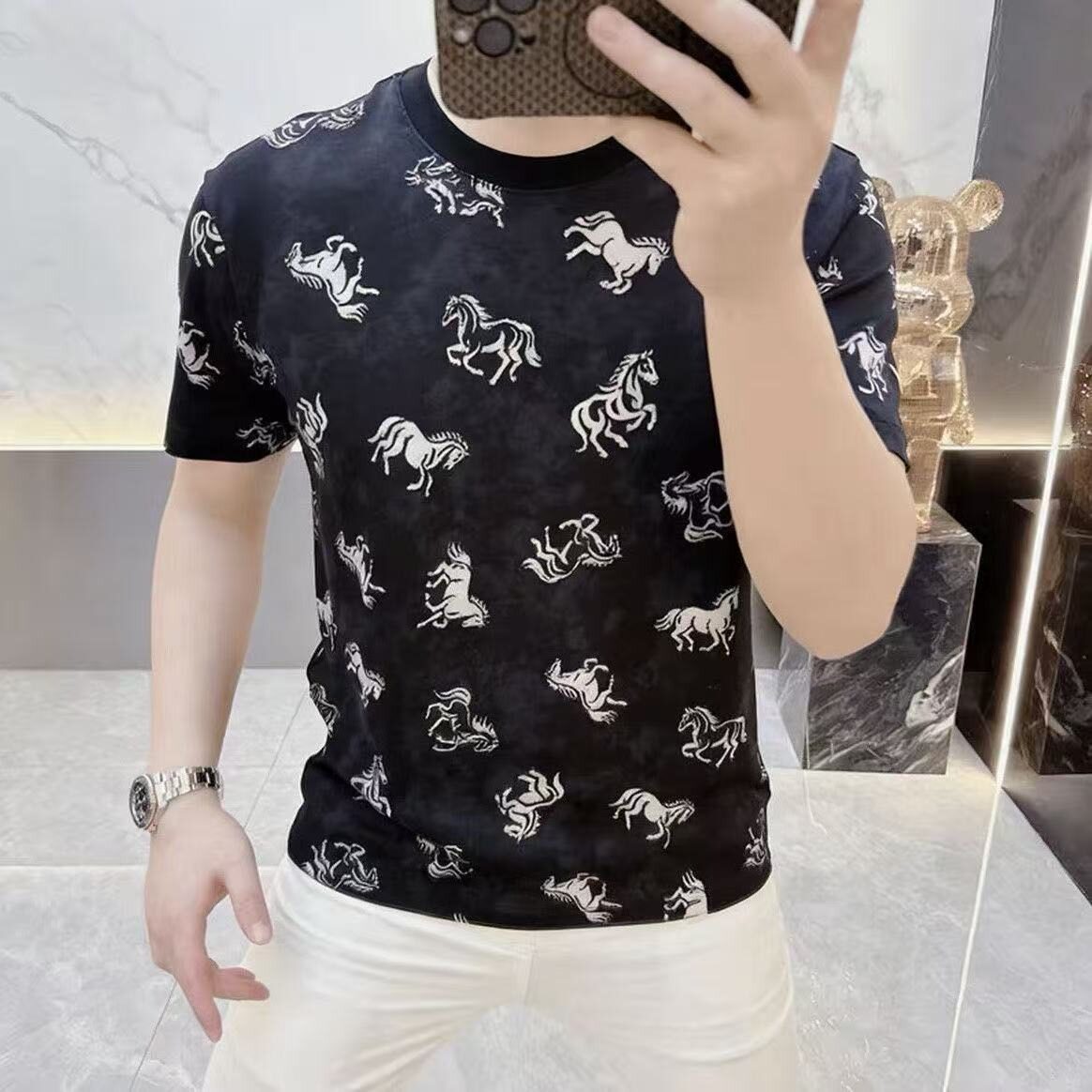 韩国明星同款潮流休闲显瘦男款夏季扎染美式圆领T恤提花高质量设