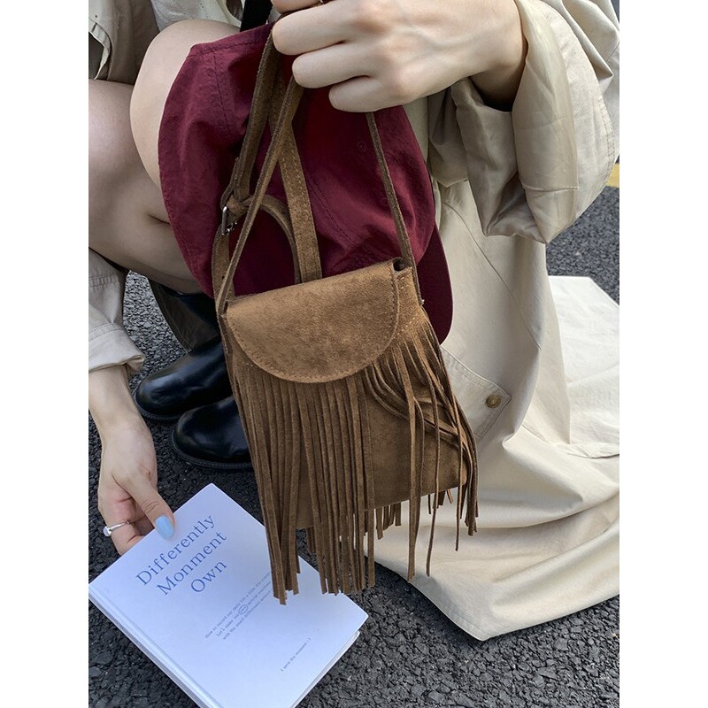 韩国明星同款韩国复古磨砂绒面流苏手机包女时尚潮气质百搭麂皮绒