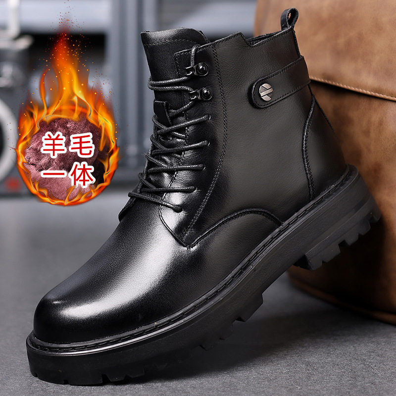 康奈官方正品头层牛皮马丁靴男真皮冬季皮毛一体男靴休闲羊毛男式