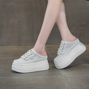 百搭9CM厚底 透气网面休闲半拖鞋 香港潮牌小白鞋 女2025年春夏新款