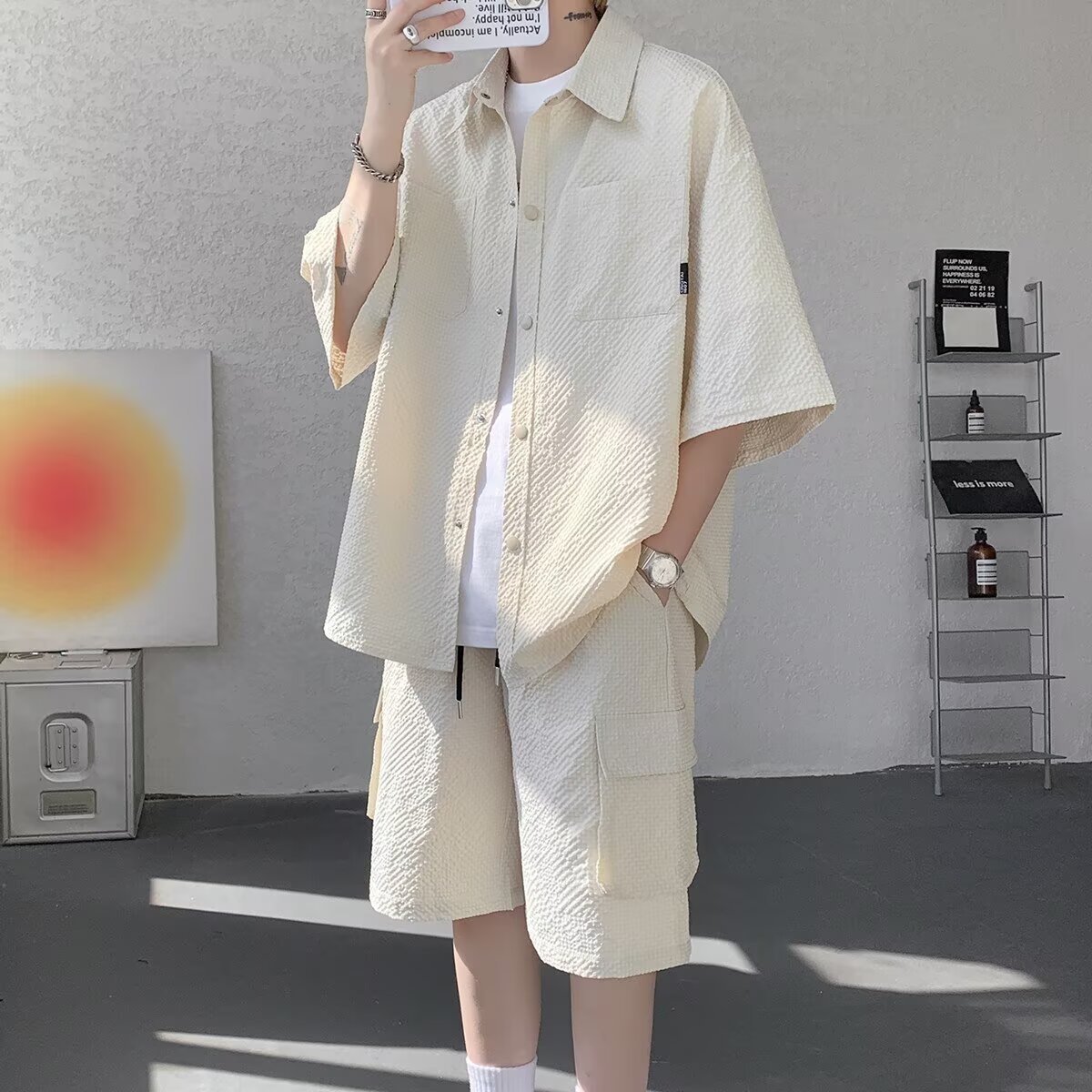 韩国明星同款美式复古冰丝套装男夏季薄款机能速干工装短袖短裤酷