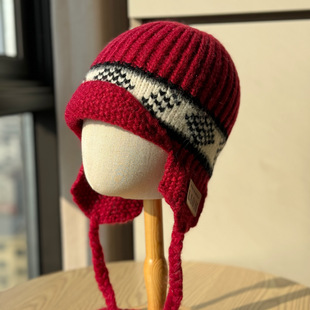 香港潮牌秋冬氛围感红色针织飞行帽圣诞费尔岛风提花护耳帽防寒保