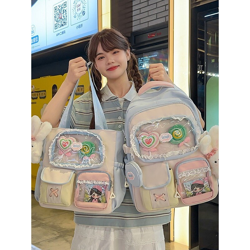 韩国明星同款高颜值多巴胺甜美撞色少女心背包学院风初高中学生多