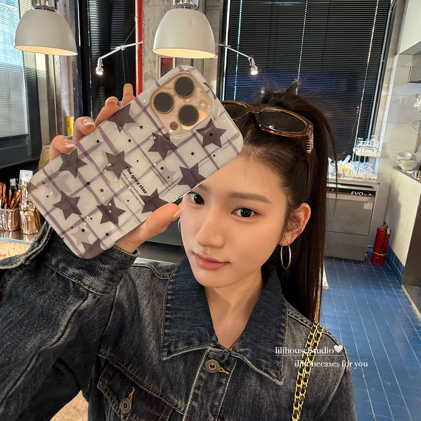 简约闪粉格纹满屏星星苹果手机壳