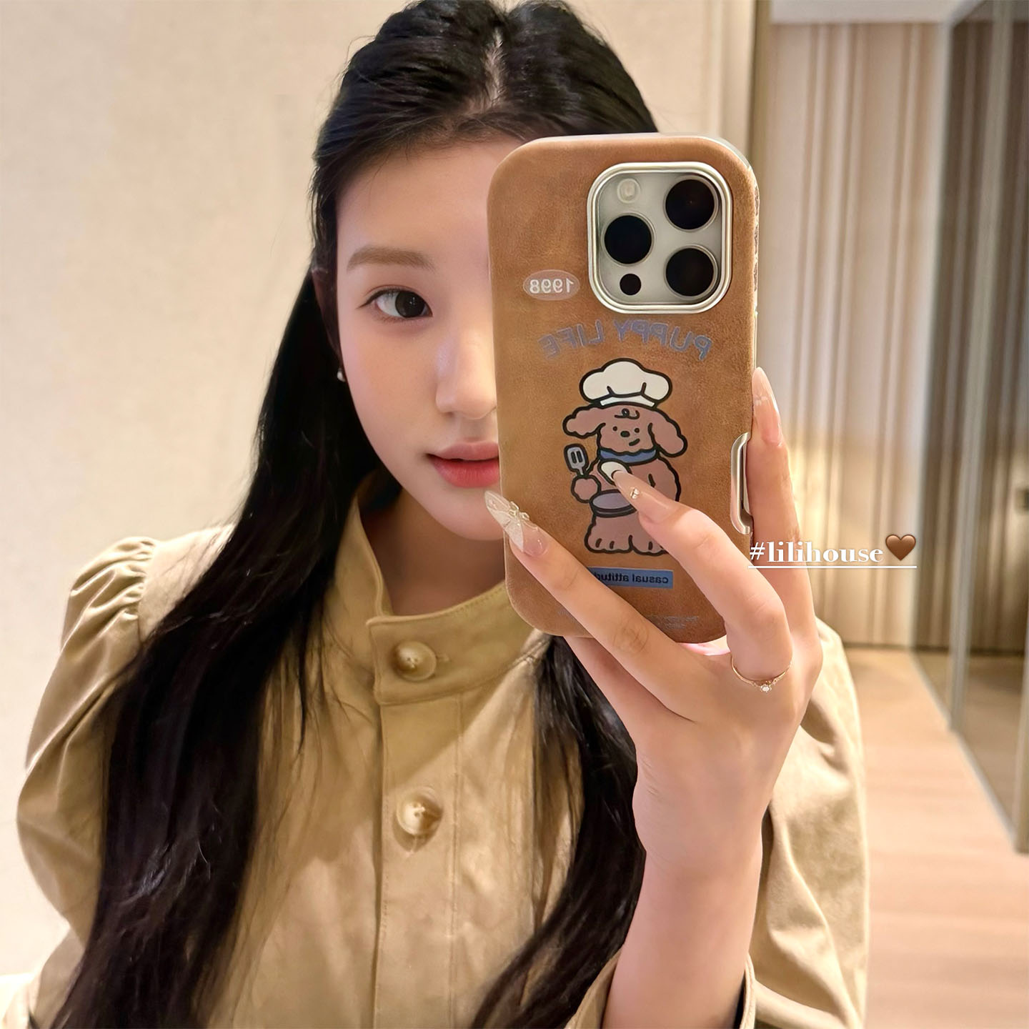 lilihouse韩国ins秋冬可爱栗子棕皮质厨师小狗17适用17pro苹果17ProMax手机壳iPhone16全包15新款14Pro保护套