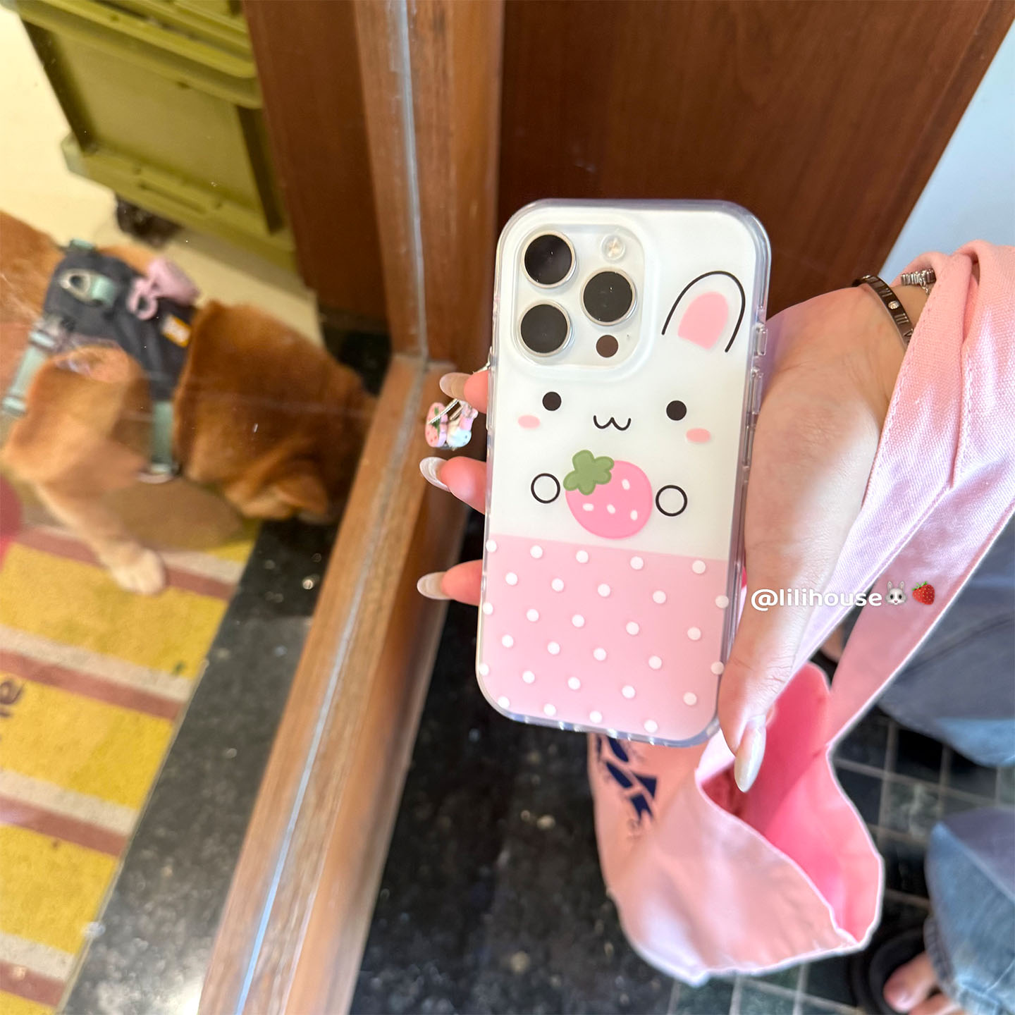 少女粉色波点草莓兔子苹果手机壳