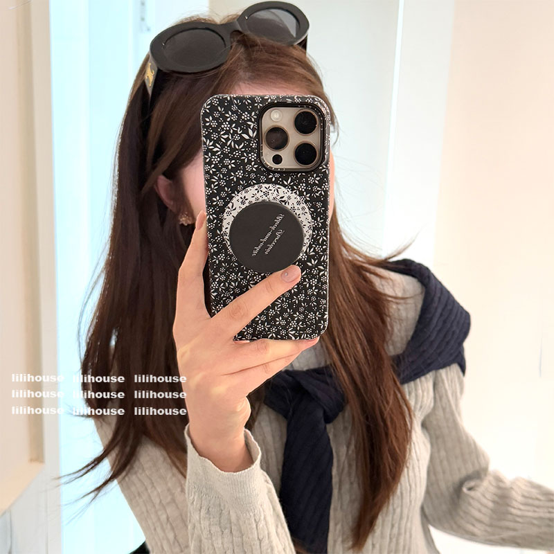 少女磁吸黑色英文支架苹果手机壳