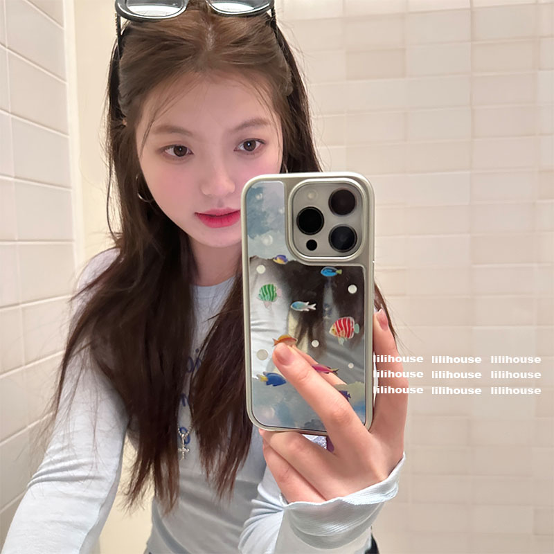 lilihouse少女ins小众清新简约镜面插画小鱼15适用16pro苹果16ProMax手机壳iPhone16全包14新款14Pro保护套韩