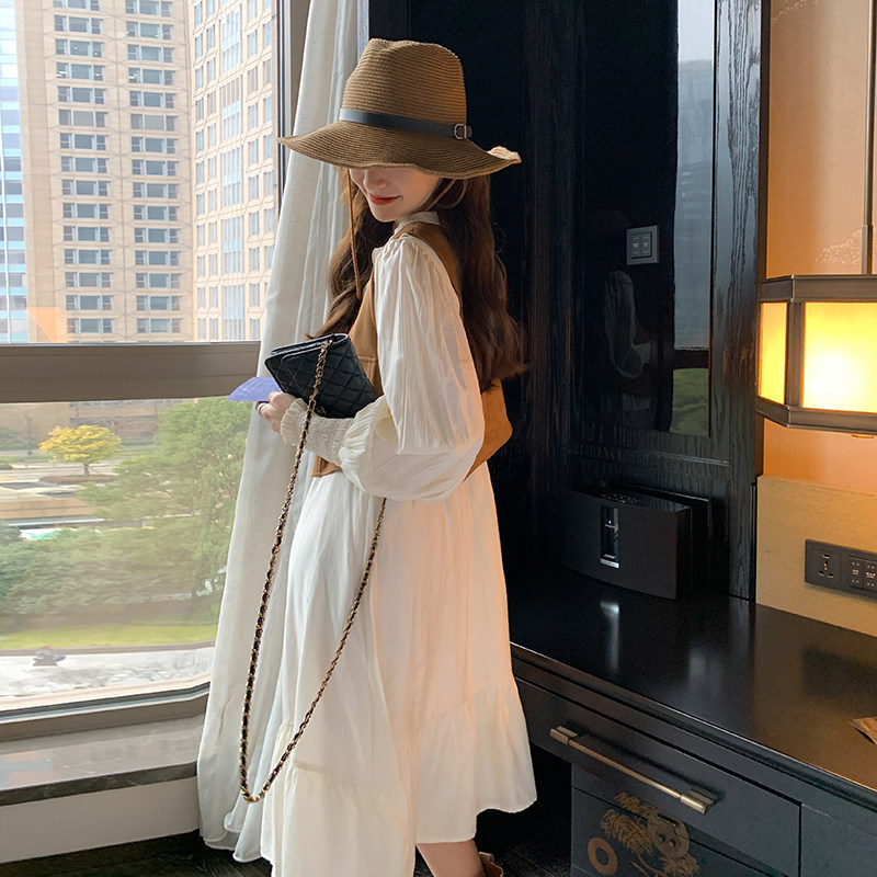2025年现货春季款款马甲套装女时尚中长款荷叶边连衣裙两件套潮流