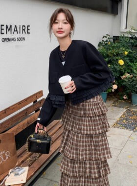 SERY原创泡泡卡其色格纹蛋糕裙迷笛半裙复古优雅/短款V领西装Suit