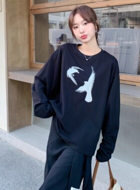 【新品】SERY黑色飞鸟印花纯棉长袖T恤郁金香分割伞裙套装Suit