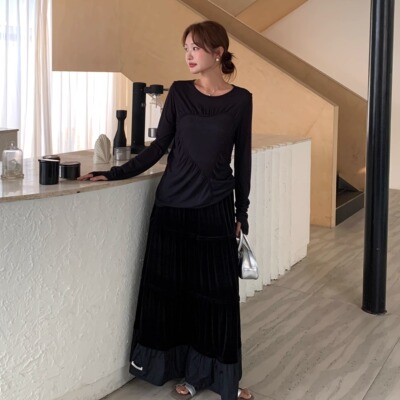 黑色丝绒拼接半裙蛋糕裙Skirt