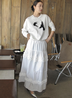 【新品】SERY白色圆领宽松长袖飞鸟印花限量T恤百搭休闲纯棉Shirt