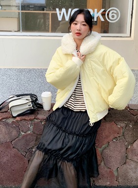 【新品】SERY嫩黄色连帽飞行员毛领羽绒服外套秋冬保暖棉服Coat