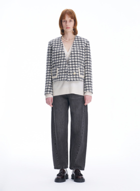 SERY千鸟格复古深V领粗花呢短款外套设计师新品sery