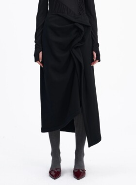 【新品】SERY黑色荷叶边抽皱针织半裙秋冬创意设计感高级Skirt