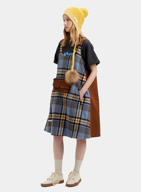 SERY 设计师款 意大利格纹系列 蓝色格纹/卡其拼色格纹背带裙