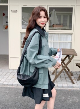 【新品】SERY灰绿色夹克外套短款宽松休闲美式复古工装翻领Jacket