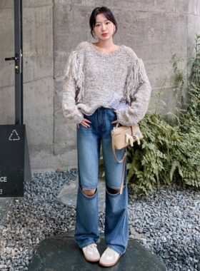 【新品】SERY灰绿色流苏套头手钩毛衣针织设计感秋冬宽松Sweater