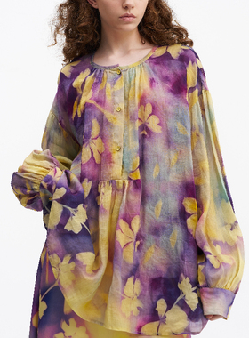 SERY麻感小众原创紫色水彩印花套头廓形苎麻衬衣宽松衬衫Shirt