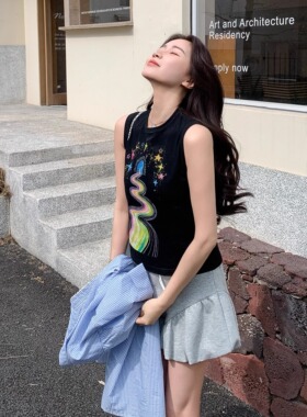 【新品】SERY手绘黑色彩虹星空背心原创涂鸦夏季无袖背心可爱Vest