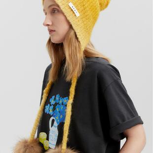 【新品】SERY驼绒渐变橙黄色毛线帽狐狸大毛球帽子节日礼物