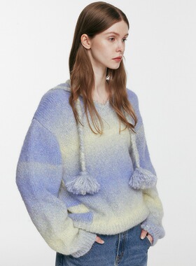 SERY V领连帽驼绒女士毛衣 香芋色渐变阔腿牛仔裤小众秋冬