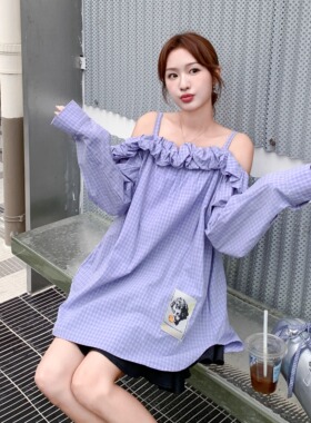 【新品】SERY紫色一字肩法式荷叶边格纹衬衣甜美露肩格子Shirt