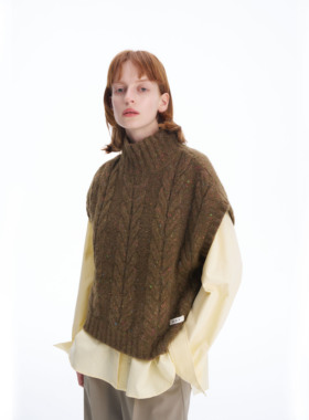 SERY 新品绞花立领宽松马甲套头背心女设计师款灰紫色/夹花绿