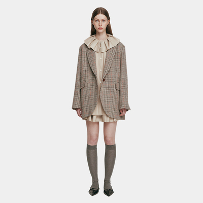 sery羊毛格纹翻领英式西装外套