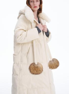 【新品】SERY鹅绒A型连帽长款连帽插肩袖羽绒服珍珠白