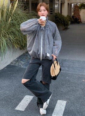 【新品】SERY深灰色直筒开口破洞牛仔裤薄款宽松美式阔腿裤Jeans