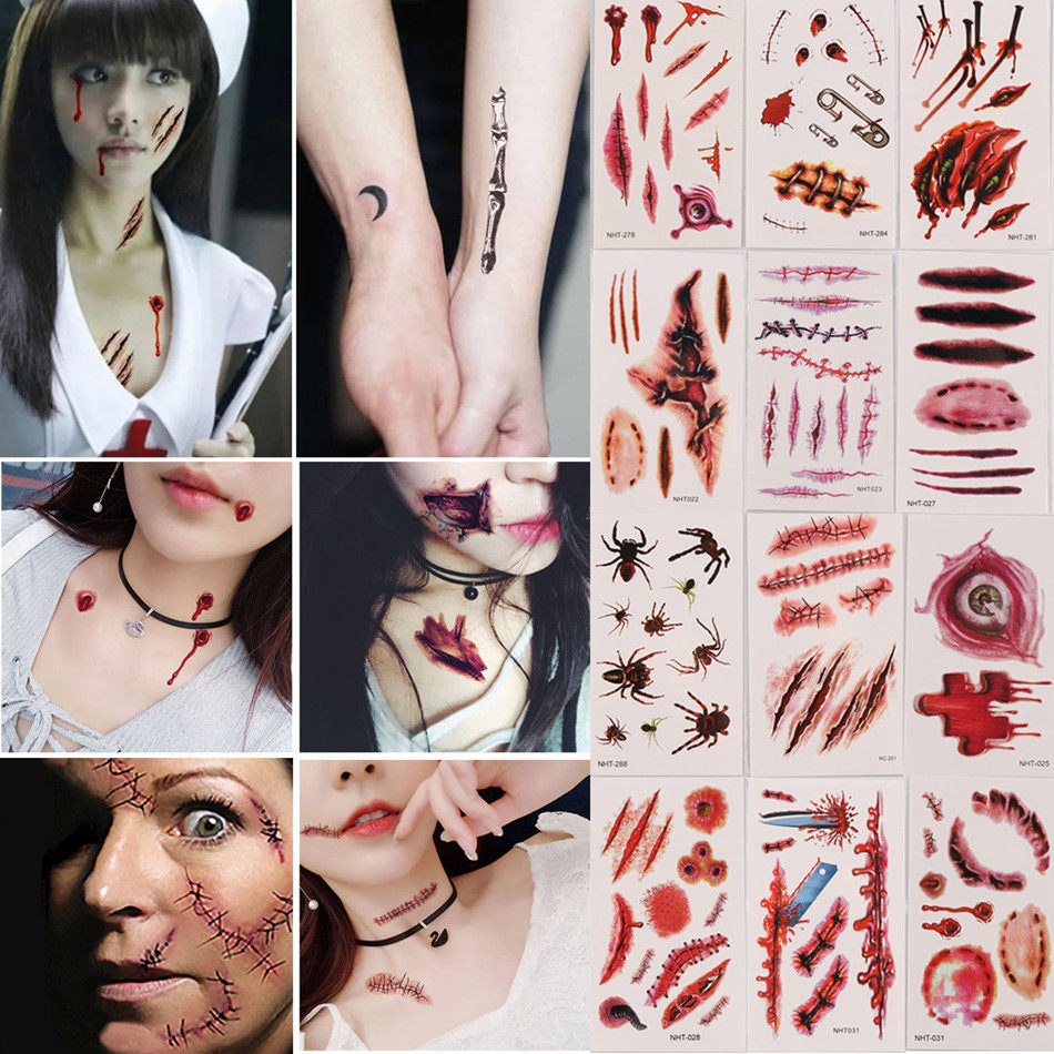 万圣节派对妆容纹身贴防水咬痕缝针假伤口贴仿真假伤疤仿真贴纸