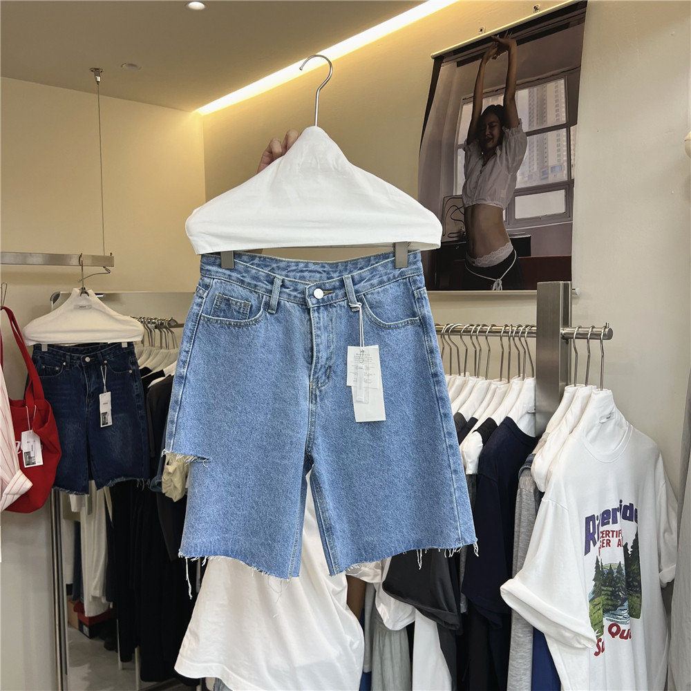 十三行女装 韩系柔软毛边割破牛仔短裤女夏季高腰显瘦阔腿五分裤