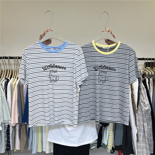 十三行女装 夏季新款韩版卡通印花条纹短袖T恤女宽松显瘦休闲上衣