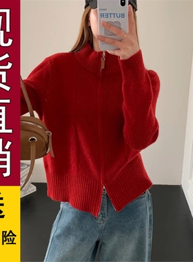 好品大码胖mm秋冬氛围感红色毛衣女韩系慵懒风双拉链针织开衫洋气