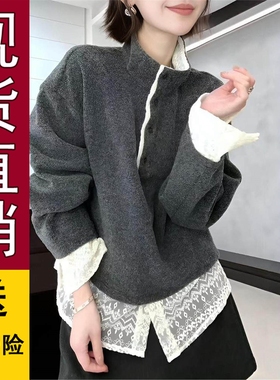 好品推荐大码叠穿蕾丝假两件半高领卫衣女秋冬新款胖MM高级感加厚