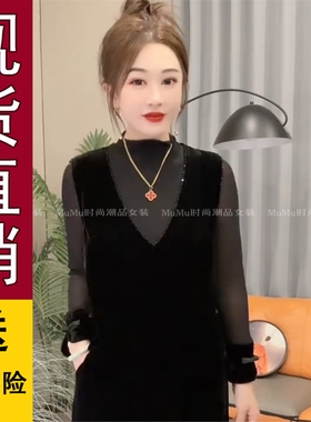 正品好货春秋款重工串珠黑色丝绒马夹外套女V领套头马甲坎肩背心