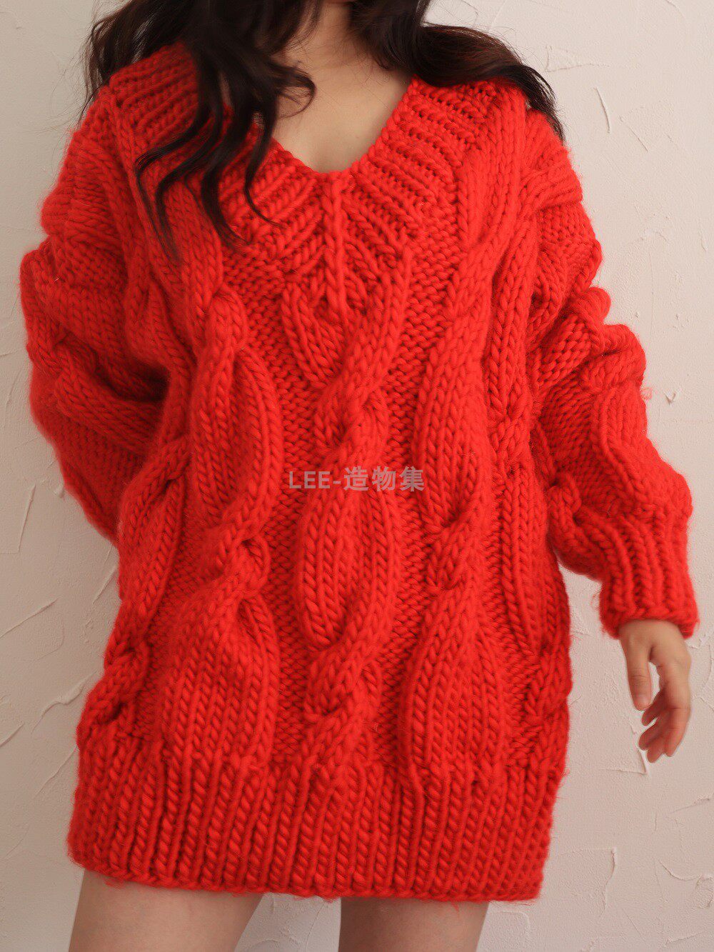 LEE造物集 法式麻花粗棒针纯羊毛V领手工针织加厚套头毛衣