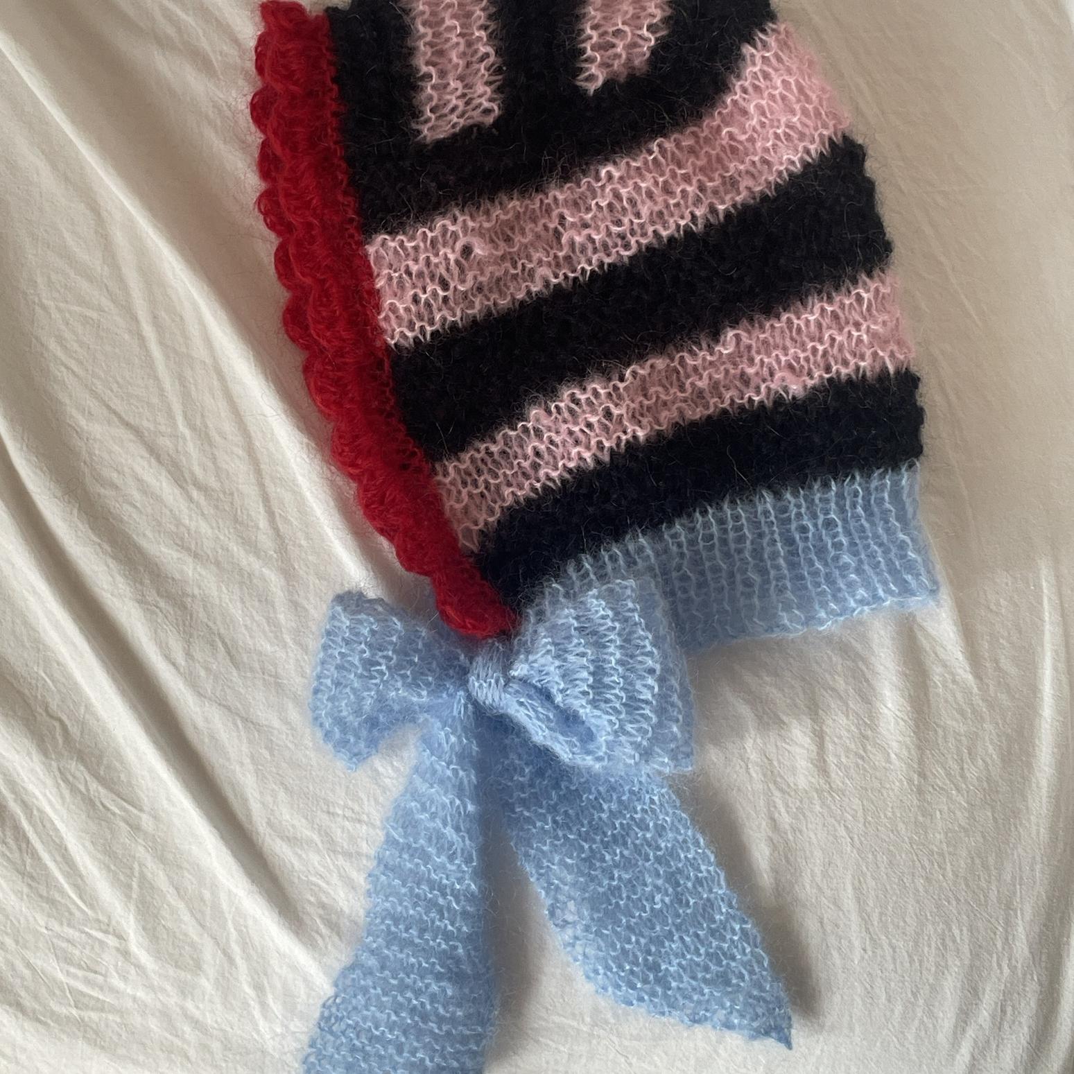 造物集25ins新款蝴蝶结系带针织毛线帽子拼色巴拉克拉帽