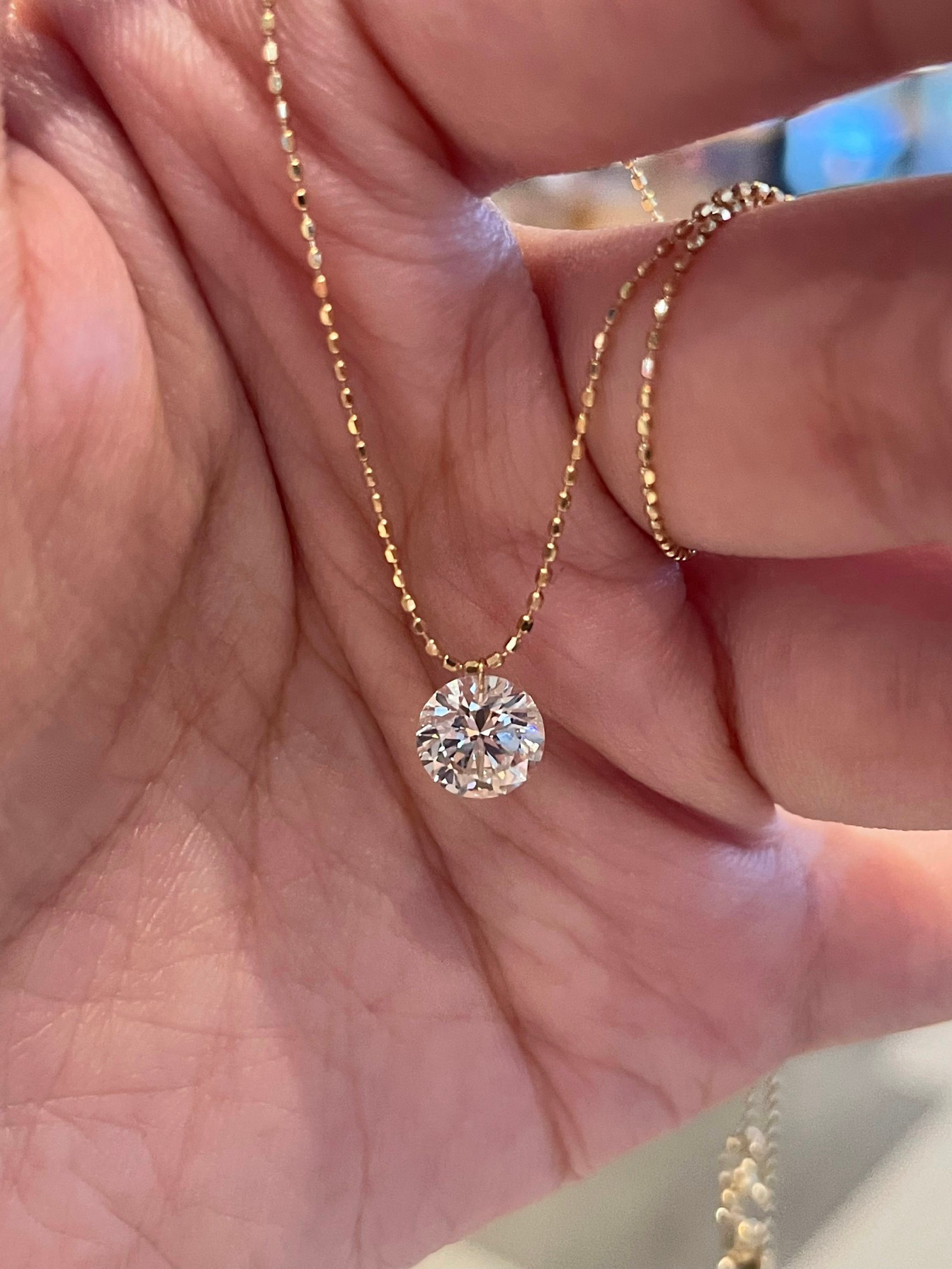 18k黄金色1克拉打孔培育钻项链意大利进口锁骨链可调节