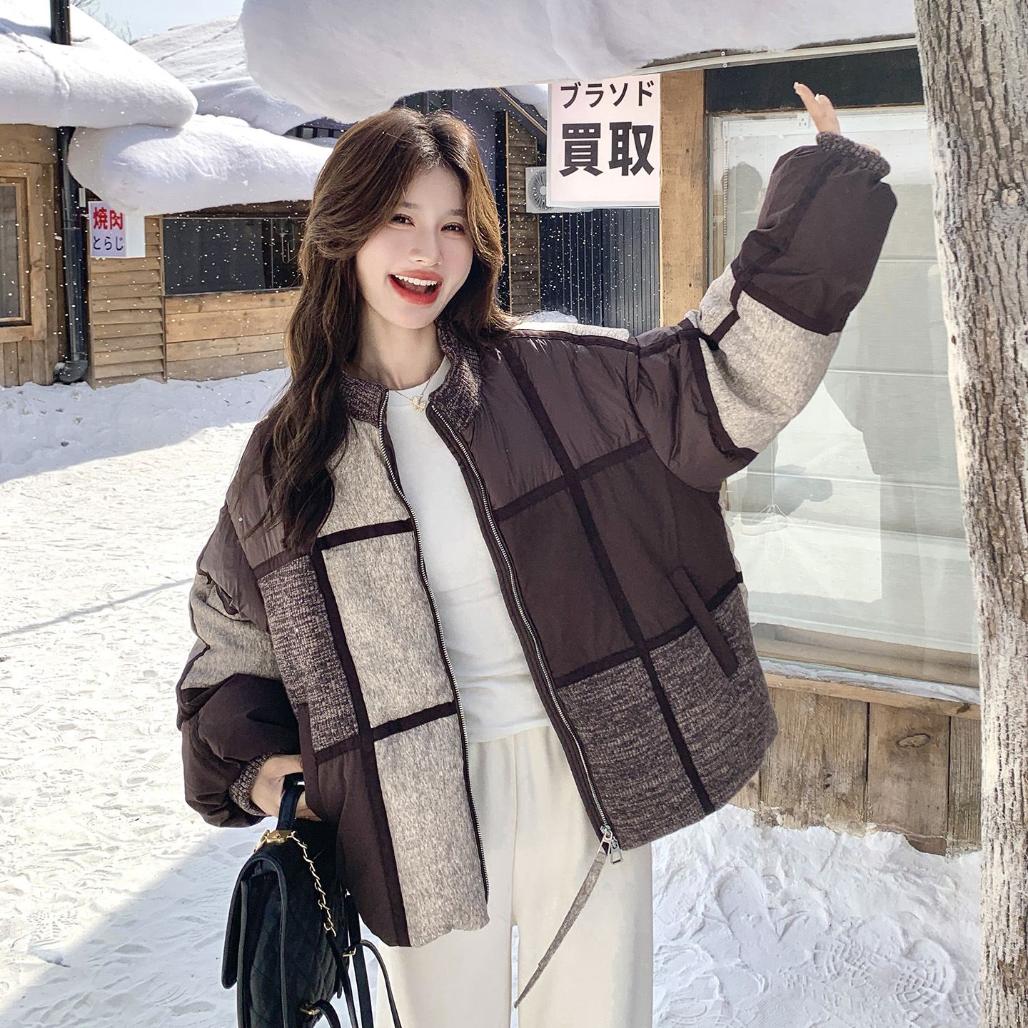 欧货宽松拼色九宫格立领羽绒服女2025冬季设计感气质90白鸭绒外套