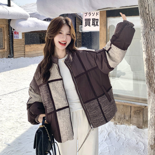 欧货宽松拼色九宫格立领羽绒服女2025冬季设计感气质90白鸭绒外套