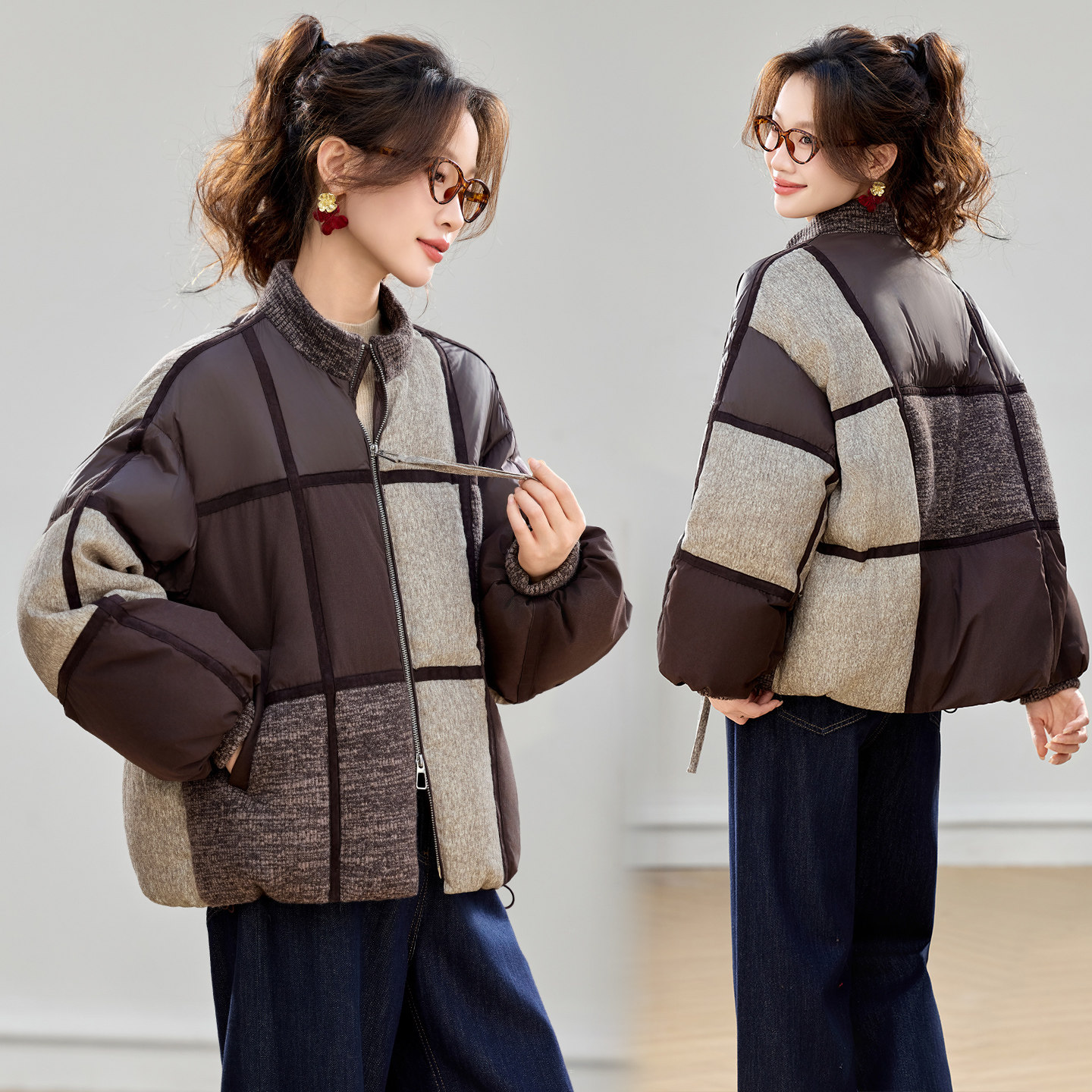 韩版宽松拼接撞色立领羽绒服女2025新款加厚保暖高级感白鸭绒外套