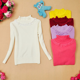 童装 春秋装2025新款女童毛衣蕾丝立领儿童针织打底衫棉质百搭冬