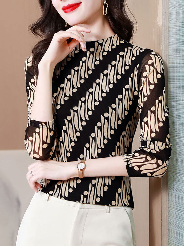 가을 겨울 여성용 패셔너블한 프린트 벨벳 두꺼운 바닥 셔츠 슬림한 메쉬 긴팔 티셔츠 패셔너블하고 아름다운 상의