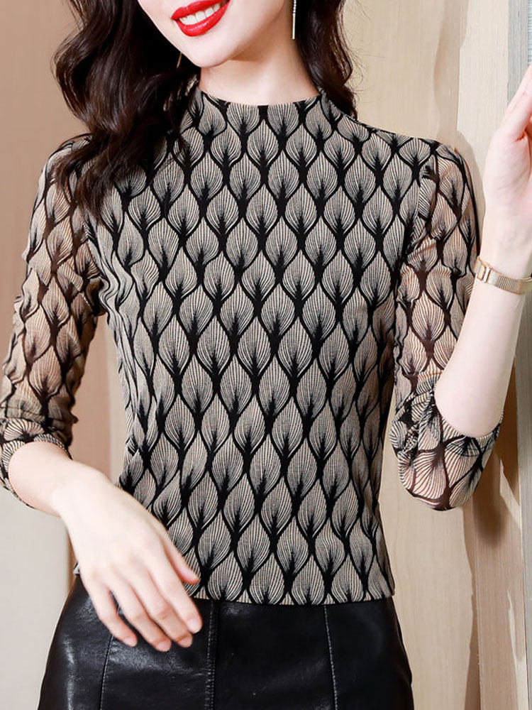 여성용 하프 터틀 칼라 밑단 셔츠 메쉬 프린트 디자인의 가을 긴팔 티셔츠 어머니 스타일 상의