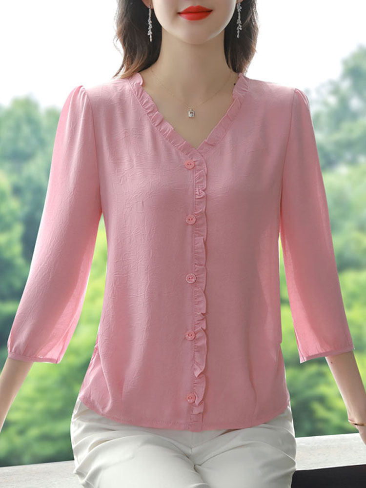 여성용 프렌치 브이넥 시폰 셔츠 7부 소매 봄 여름 루즈한 배 커버 패셔너블하고 아름다운 블라우스 어머니 스타일 상의